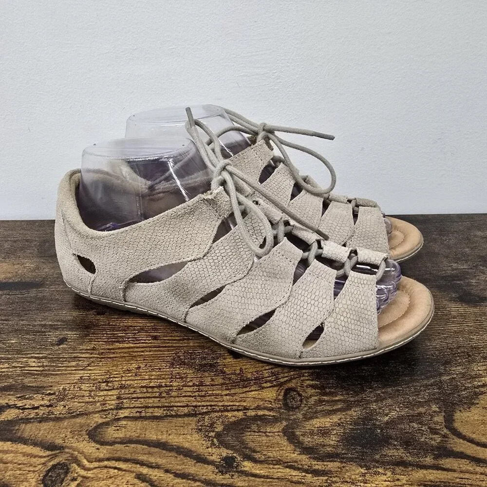 Earth Plover Textured Leather Sandals Women's Size 7.5 Nubuck Lace Up Taupe
